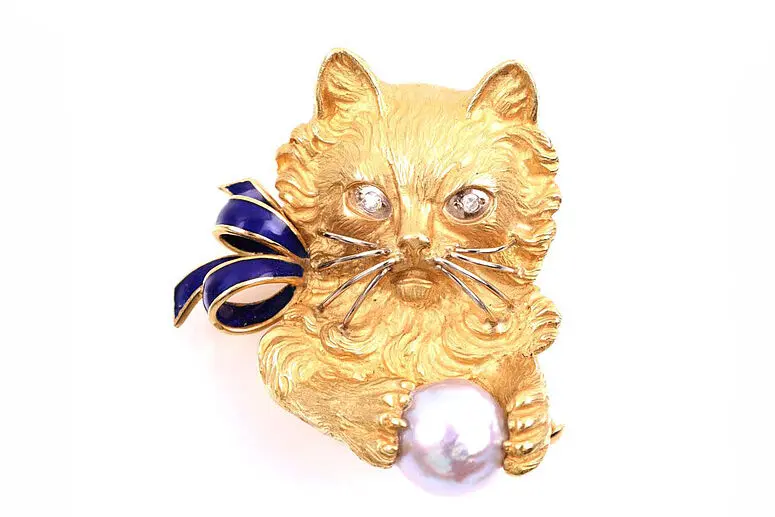 Goldbrosche Katze mit Diamanten und Email