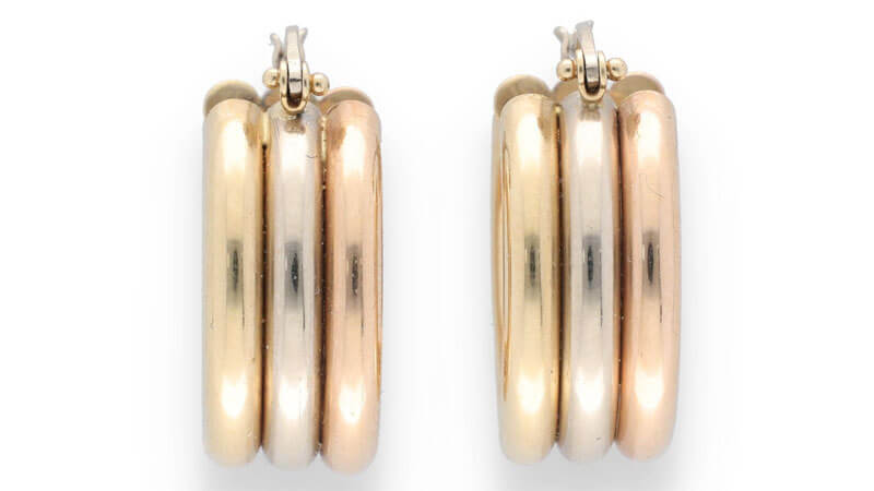 Schmeichelt allen Hautuntertönen: runde Creolen in dreifarbigem Gold, Gelbgold, Roségold und Weißgold