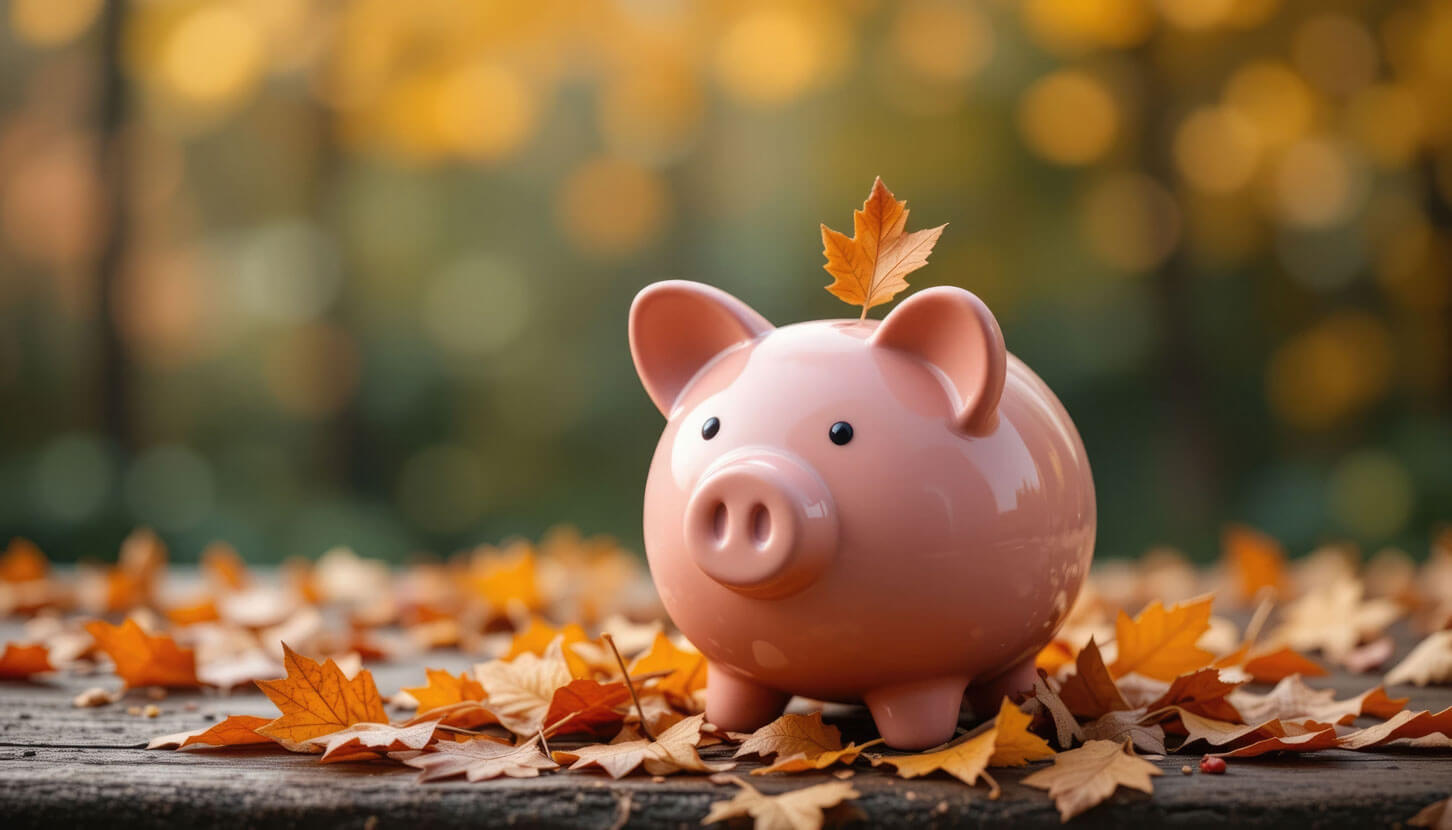 Sparschwein in herbstlicher Umgebung, mit buntem Herbstlaub