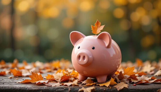 Sparschwein in herbstlicher Umgebung, mit buntem Herbstlaub