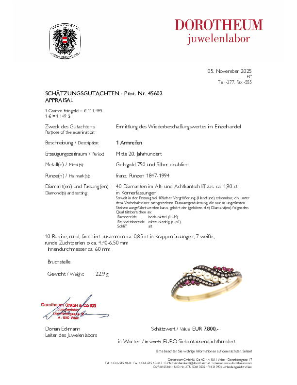 Dorotheum Juwelenlabor Gutachten eines Schmuckstücks