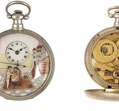 Erotische Taschenuhr, Silber, Schlüsselaufzug, färbig bemaltes Zifferblatt mit erotischer Darstellung