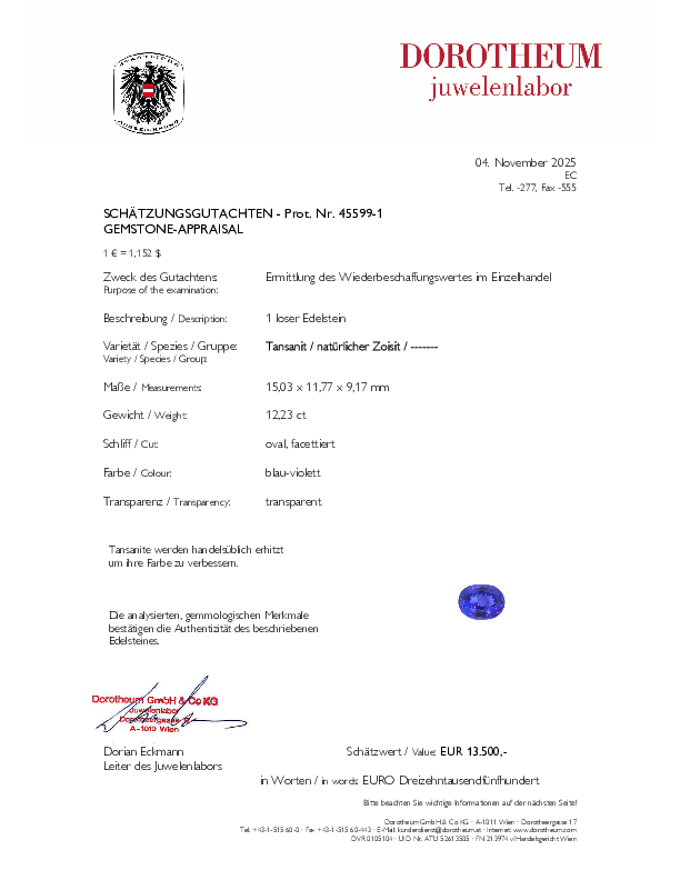 Dorotheum Juwelenlabor Gutachten Beispiel