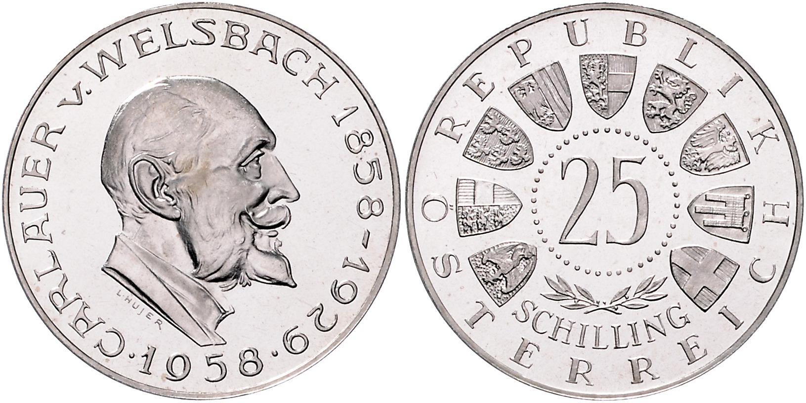 Im Silberpreis Check: 25 Schilling Münze, Auer Welsbach, 1958, PP