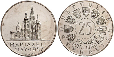 Im Silberpreis Check: 25 Schilling Münze, Mariazell, 1957, PP