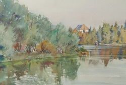 Wilhelm Loisel * (Radsberg 1914-2005) "Schloss Moosburg an den Moosburger Teichen", signiert W Loisel, datiert 75, Aquarell auf Papier, Ausschnitt 33 x 38 cm