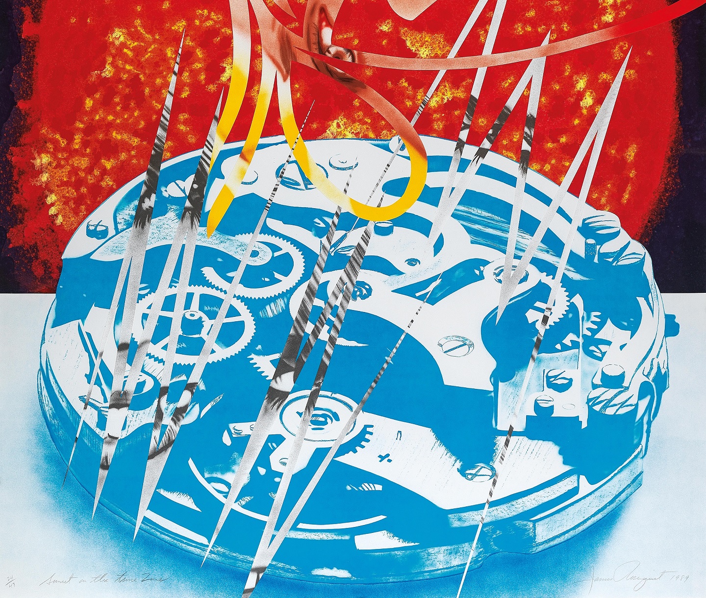 Colour lithograph and collage on paper by James Rosenquist: "Sunset in the Time Zone"