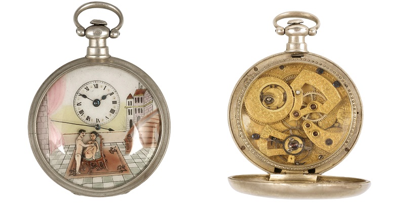 Erotische Taschenuhr, Silber, Schlüsselaufzug, färbig bemaltes Zifferblatt mit erotischer Darstellung
